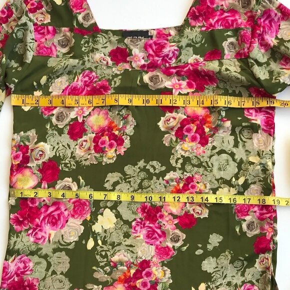 DKNY Long Colorful Tunic olive green/pink/yellow floral 3/4 sleeve square neck 6 - Picture 11 of 16
